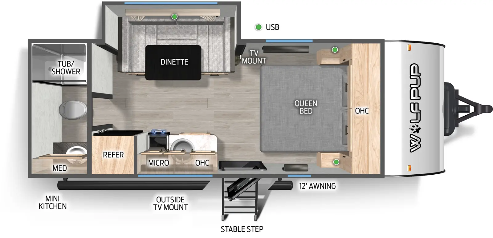 The Cherokee Black Label 16KHWBL floorplan has one entry and one slide out. Exterior features include: fiberglass exterior, 12' awning and outside kitchen. Interiors features include: u-dinette, front bedroom and rear bathroom.